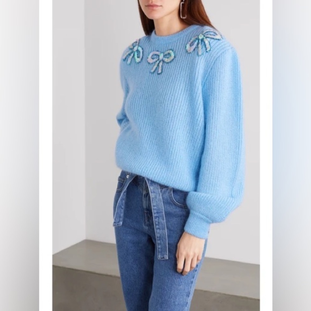 ALESSANDRA RICH Softest Mohair Wool Sweater w/ Sequin Ribbons Bows Size 42 VGUC